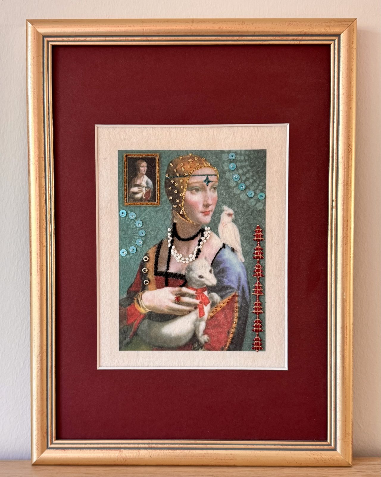 Die Frau mit dem Hermelin - Edelstickerei auf Wollfilz