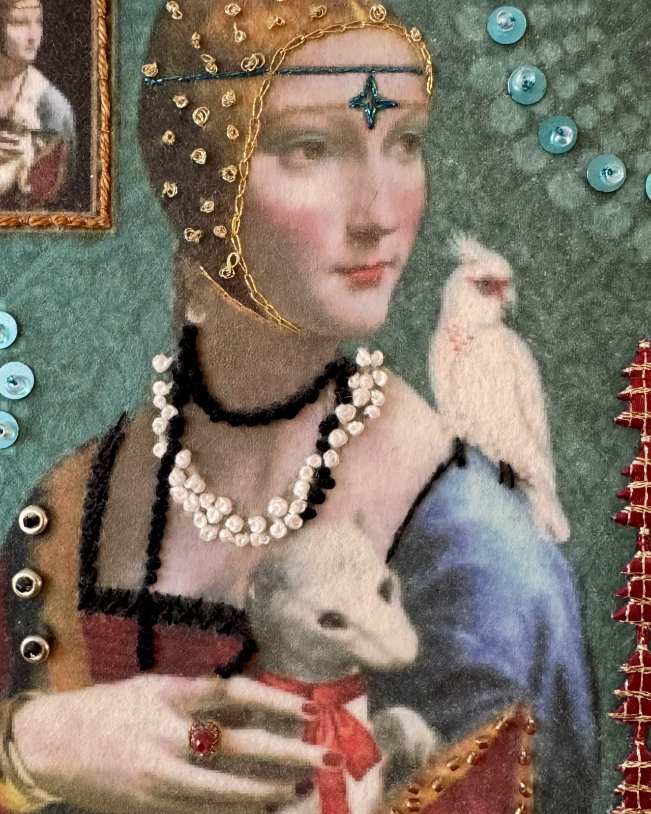 Die Frau mit dem Hermelin - Edelstickerei auf Wollfilz